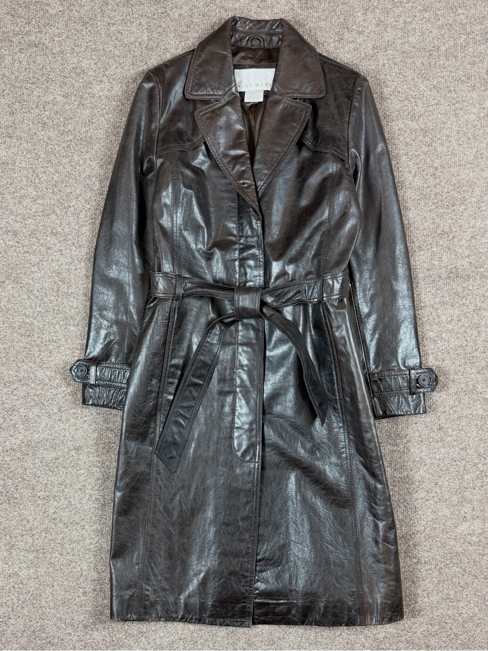 Vintage Nine West Brown Genuine Leather Long Belted Trench Coat Womens M 90s Y2K